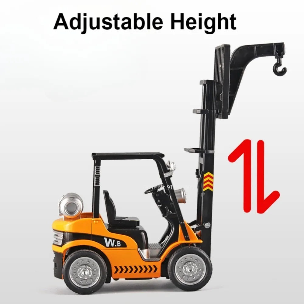 1:24 Crane Forklift Model Car Toy Diecast Metal Warehouse Lift Truck Sound Light Pull Back Adjustable Engineering Vehicle Models