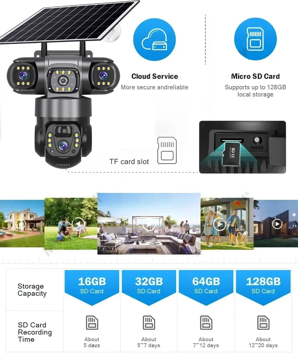 12MP 6K  Outdoor Solar 4G Camera Three Lens Three Screen PIR Motion Detection Cam Waterproof Night Vision Smart Security CCTV
