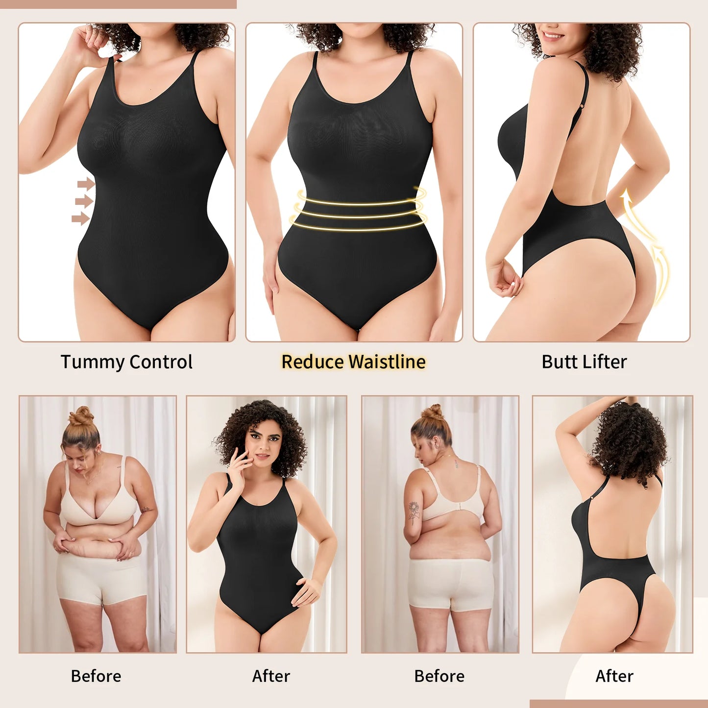 Seamless Thong Bodysuit Shapewear for Women – Tummy Control & Backless Design