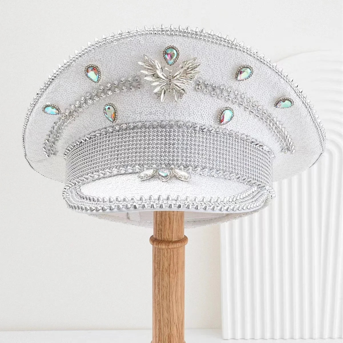 Burning Man White Rainbow Gem Delicate simple little rhinestone Navy Holiday Man Festival Halloween Hat Silver Top Hat