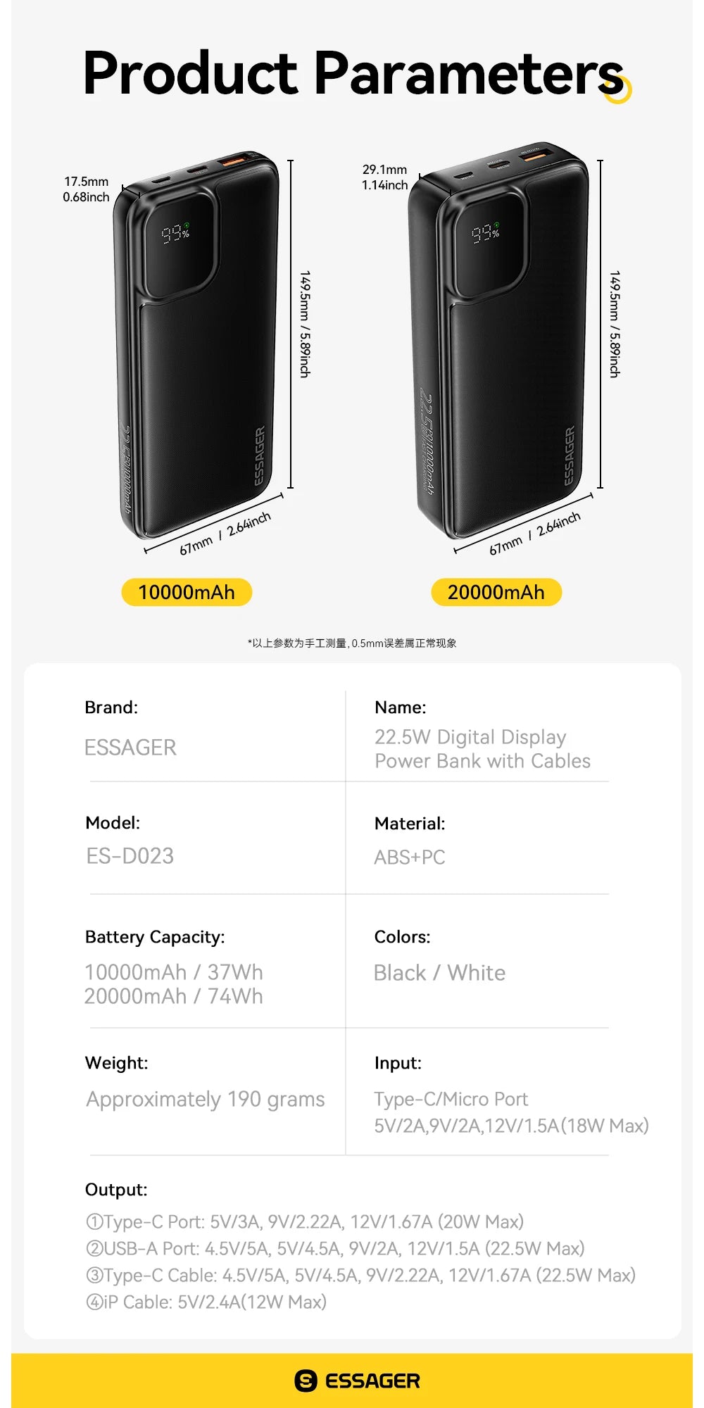 20000mAh Power Bank 22.5W PD Fast Charging with Built-in Type-C & Lightning Cables Digital Display Portable Charger