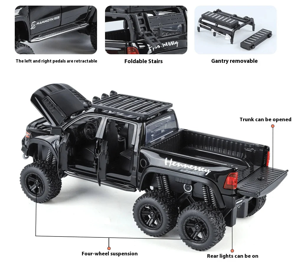 1:32 Dodge Tyrannosaurus Rex RAM 1500 TRX 6*6 Warlord Alloy Miniature Car Diecast Metal Scale Model Sound ＆ Light Toy Car