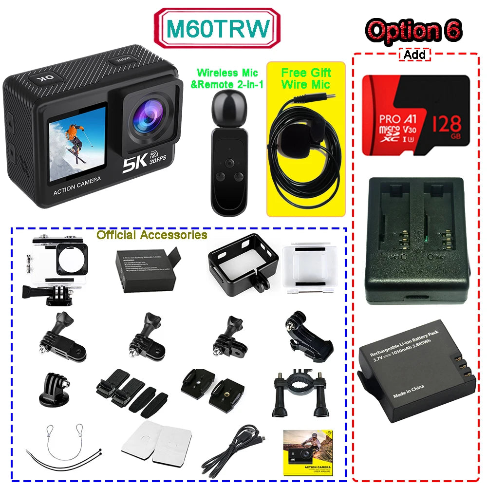 5K 4K60FPS Action Camera 50MP Dual Screen Touch Display WiFi EIS Waterproof Sports Camera with Wireless Microphone Support
