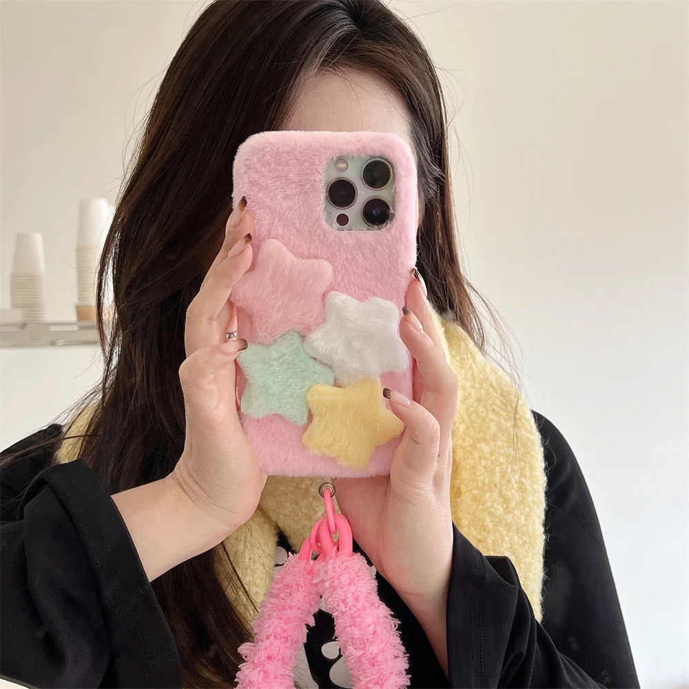INS Cute Furry Star Strap Phone Case For iPhone 16 15 13 14 Pro Max Plus Lovely Lanyard Soft Aesthetic Silicone Back Cover