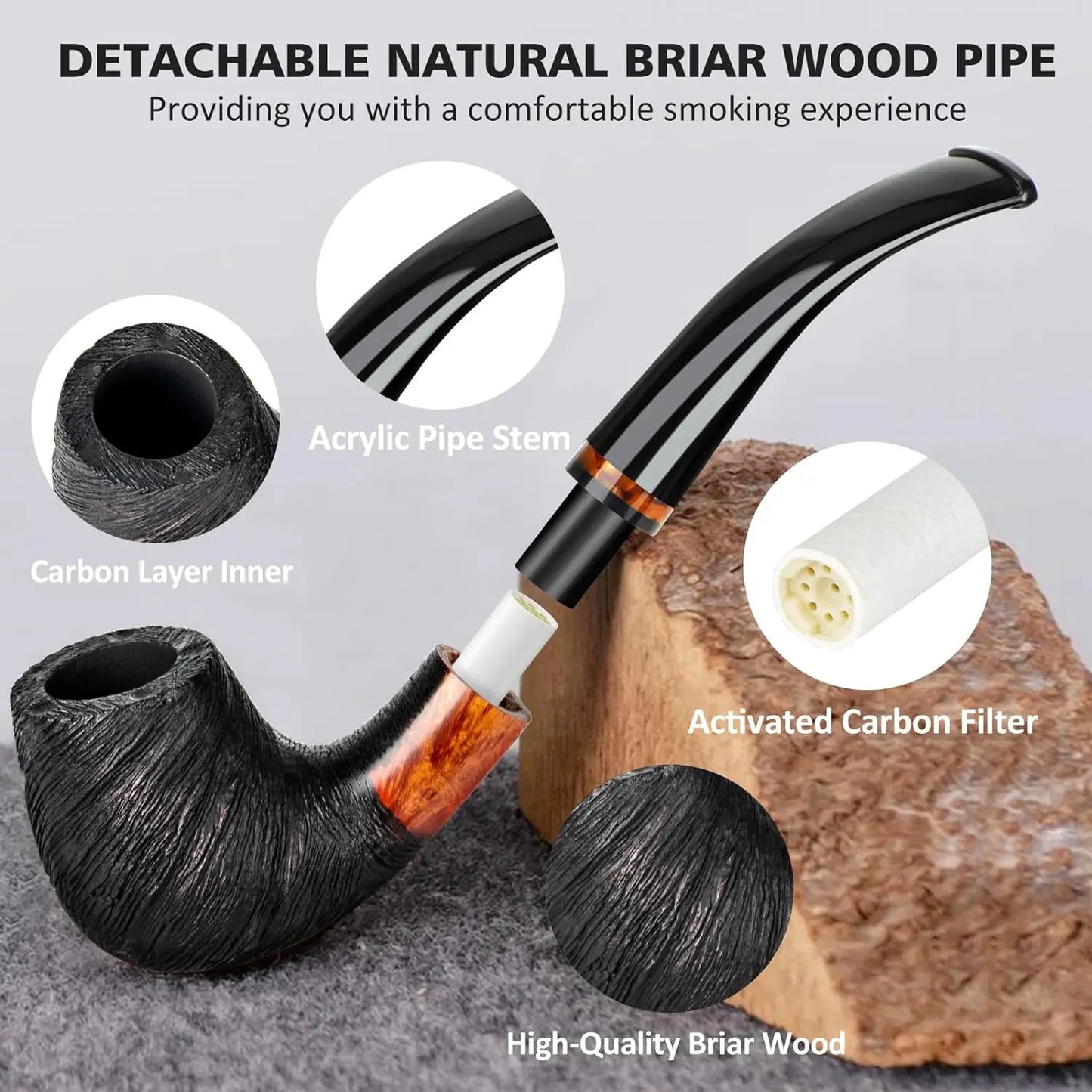 Pipe Set with PU Leather Pouch, Wood Pipe with 4-in-1 Pipe Stand Holder and Pipe Accessories, Beginner Pipe Kit