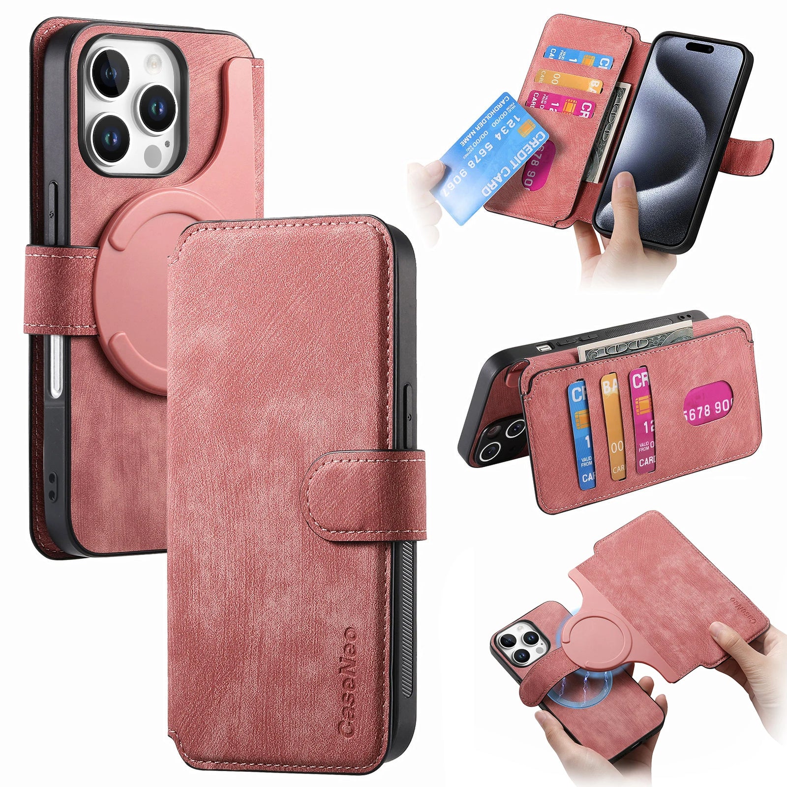 Flip Leather Wallet Case for iPhone 16 15 Pro Max 14 Plus 16E Magsafe  Detachable Card Slot Holder Cover