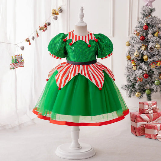 Fluffy Elf Christmas Girls Party Dress Green Carnival Costumes Elegant Bow Wedding Birthday Princess Dresses Prom Kids Clothing