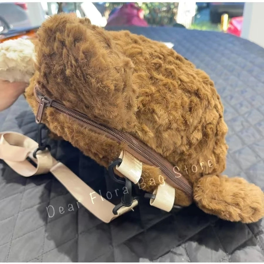 Y2K Cute Brown Bear Plush Backpack Soft Shoulder Bag