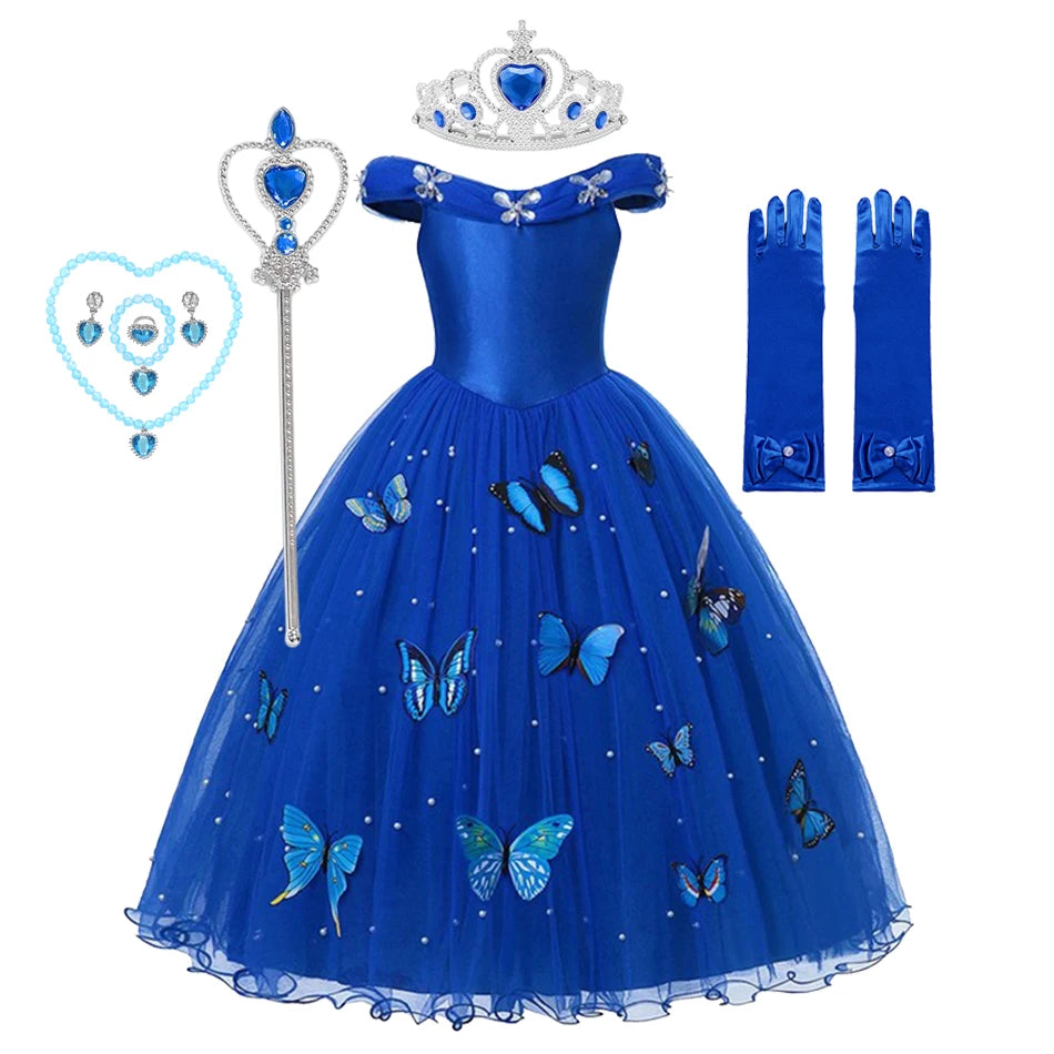 Princess Dress Cinderella Halloween Vestidos Party Cosplay Girls Pearl Butterfly Costume Kids Ball Gown