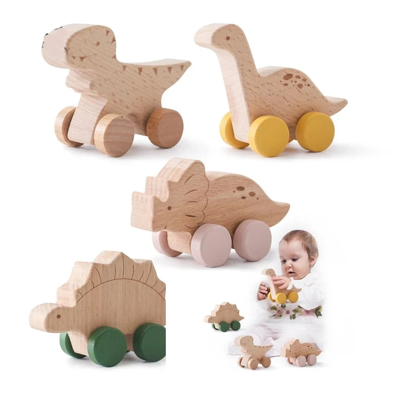 Wooden Baby Dinosaur Pushcart Bpa-free Beech Baby Toy Car Montessori Toys Nursery Decoration Hand Coordination Toy Handmade Gift