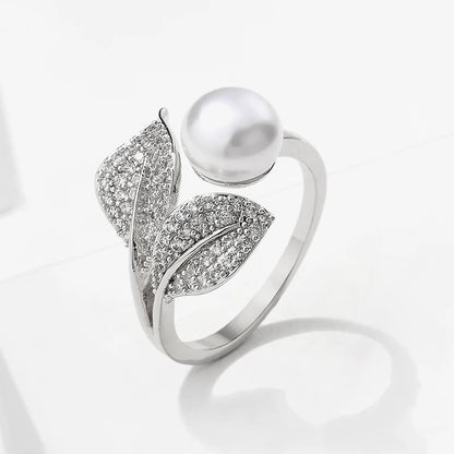 Fashion Cubic Zirconia Open Rings Imitation Pearls Resizable Ring