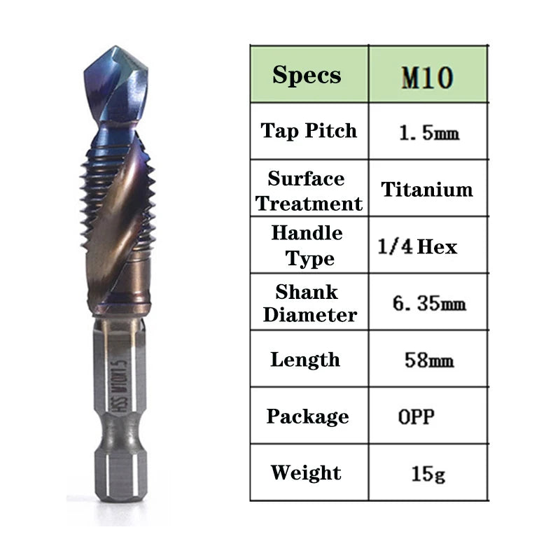 1pcs Hex Shank Titanium Plated HSS Screw Thread Metric Tap Drill Bits Screw Machine Compound Tap M3 M4 M5 M6 M8 M10 Hand Tools