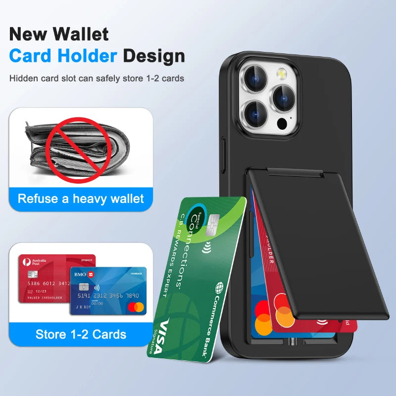 Luxury Solid Color Matte Wallet Card Slot Bracket Phone Case For iPhone 16 Pro Max 14 15 Pro Max Bumper Back Cover