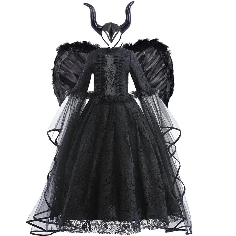 Halloween Witch Dress For Girls Black Evil Queen Cosplay Costume Luxury Lace Ruffles Floor Length Outfits Kids Carnival Frocks