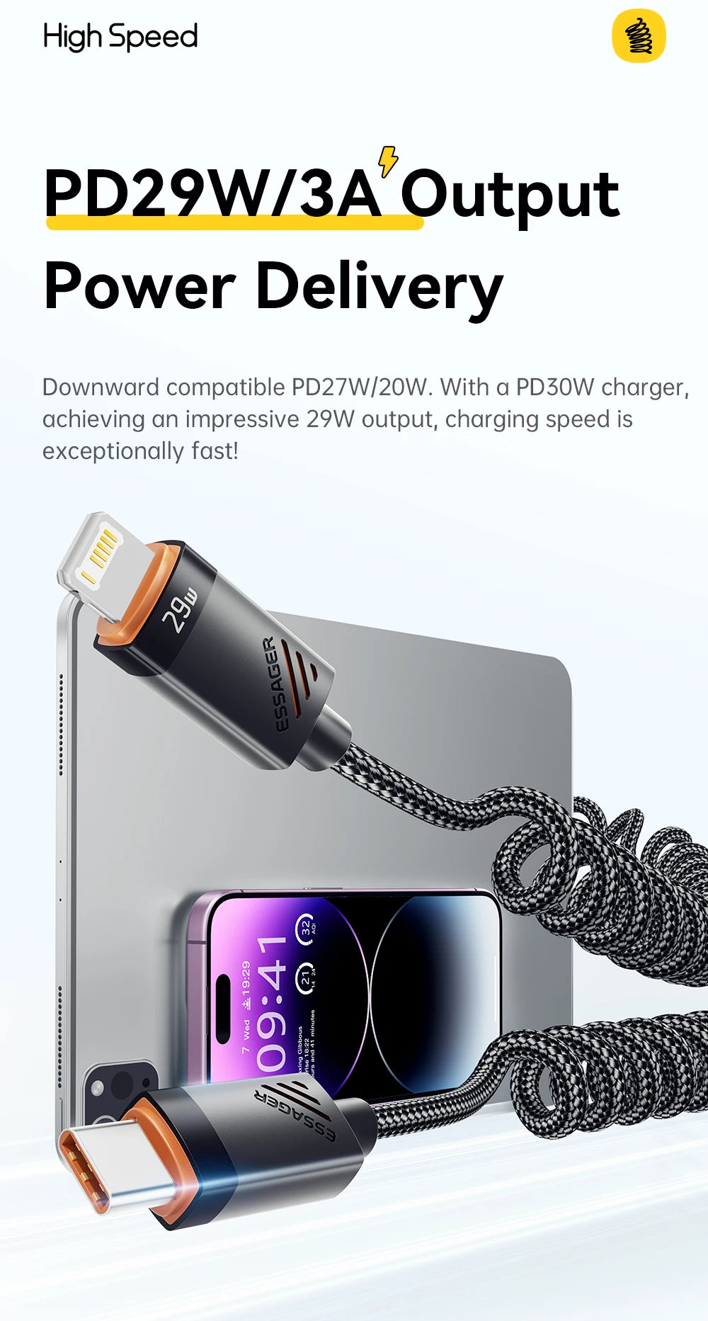 Car Spring USB-C to Lightning PD 29W Fast Charging Cable (1.8m)