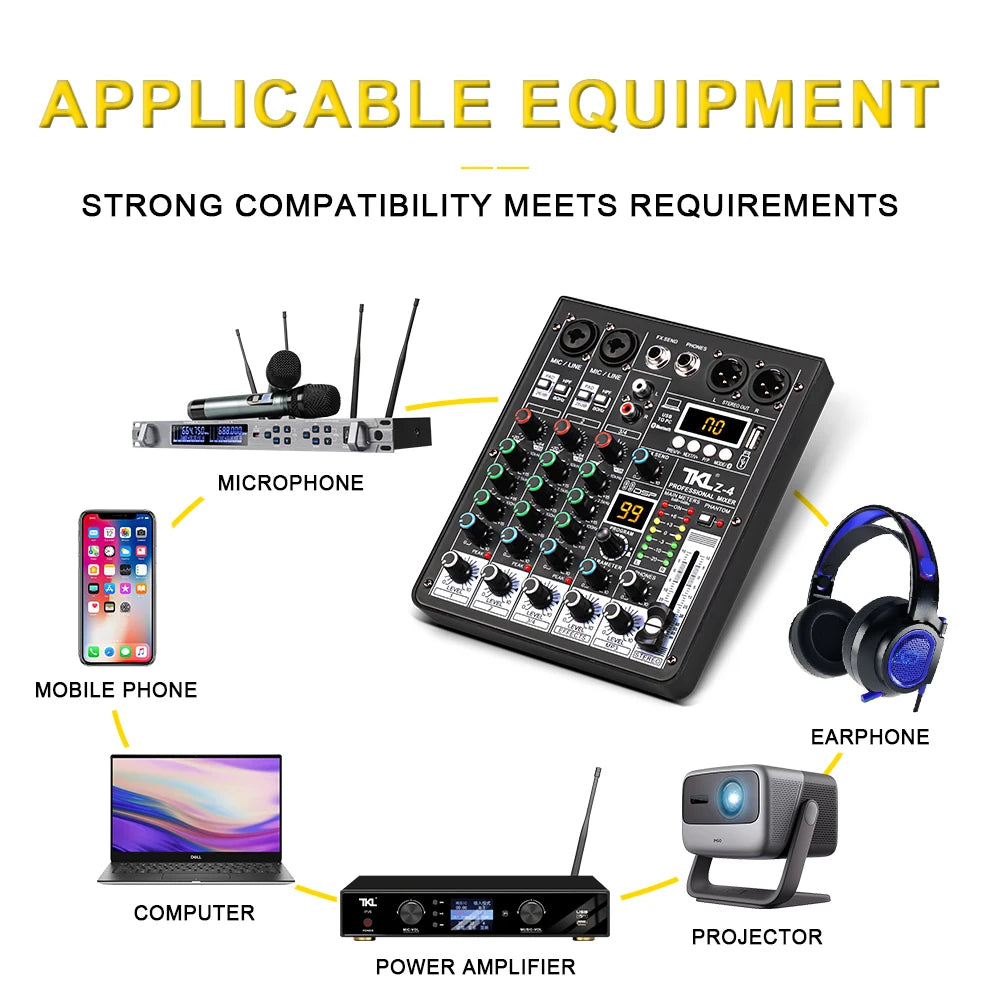 4 Channel Audio Mixer With 99 DSP Effects Bluetooth USB And 48V Phantom Power