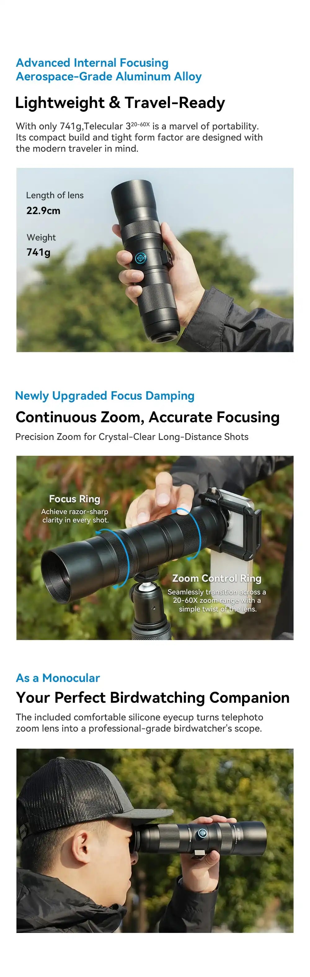 20X to 60X Mobile Phone Telephoto Zoom Lens with Metal Tripod