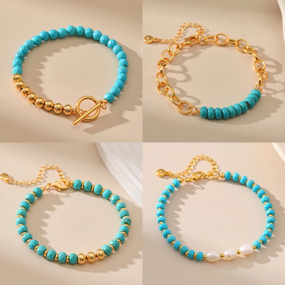 Blue Turquoise Bracelets Handmade Natural Stone with Gold Plated Beaded Bracelet