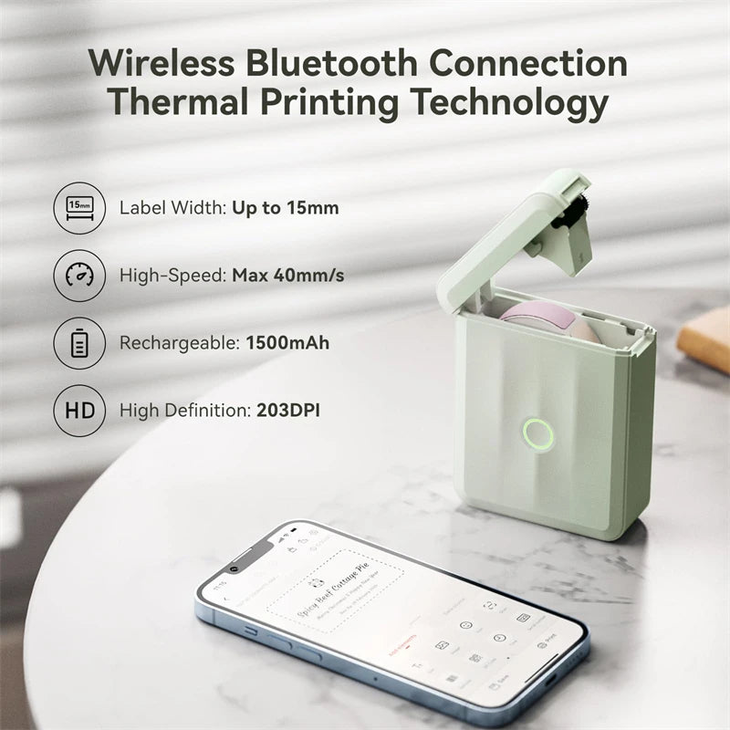 D110 Mini Portable Thermal Label Printer, Bluetooth Smart Label Maker with Adhesive Tape, Inkless 203 DPI for Home, Office & School