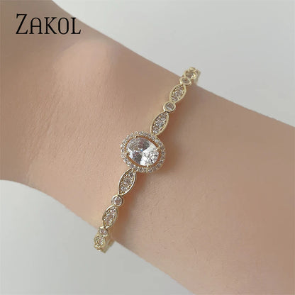 Elegant Oval Cubic Zirconia Charm Cuff Bangles for Women Luxury Gold Color Bracelets