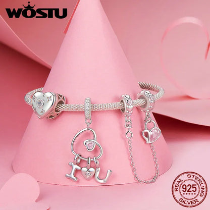 925 Sterling Silver Valentine's Gift Pink Heart Charms Safety Chain Openable Lock Beads