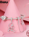 925 Sterling Silver Valentine's Gift Pink Heart Charms Safety Chain Openable Lock Beads