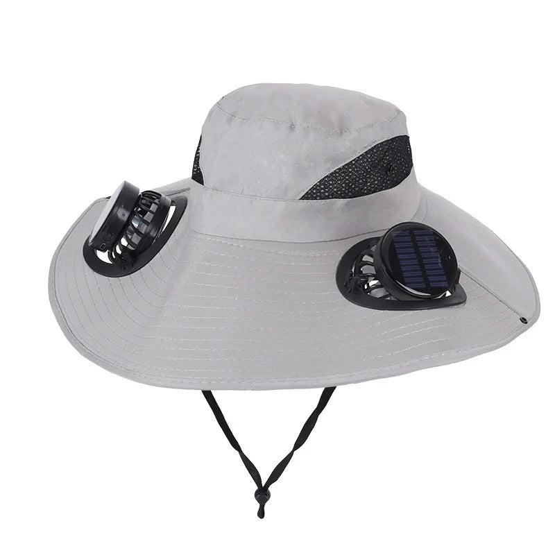 Wide Brim Solar Fan Hat With Dual Fans And USB Charging