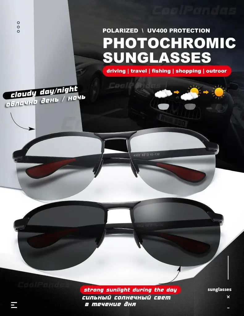 Rimless Photochromic Polarized UV400 Aluminum Driving Sunglasses for Men Women