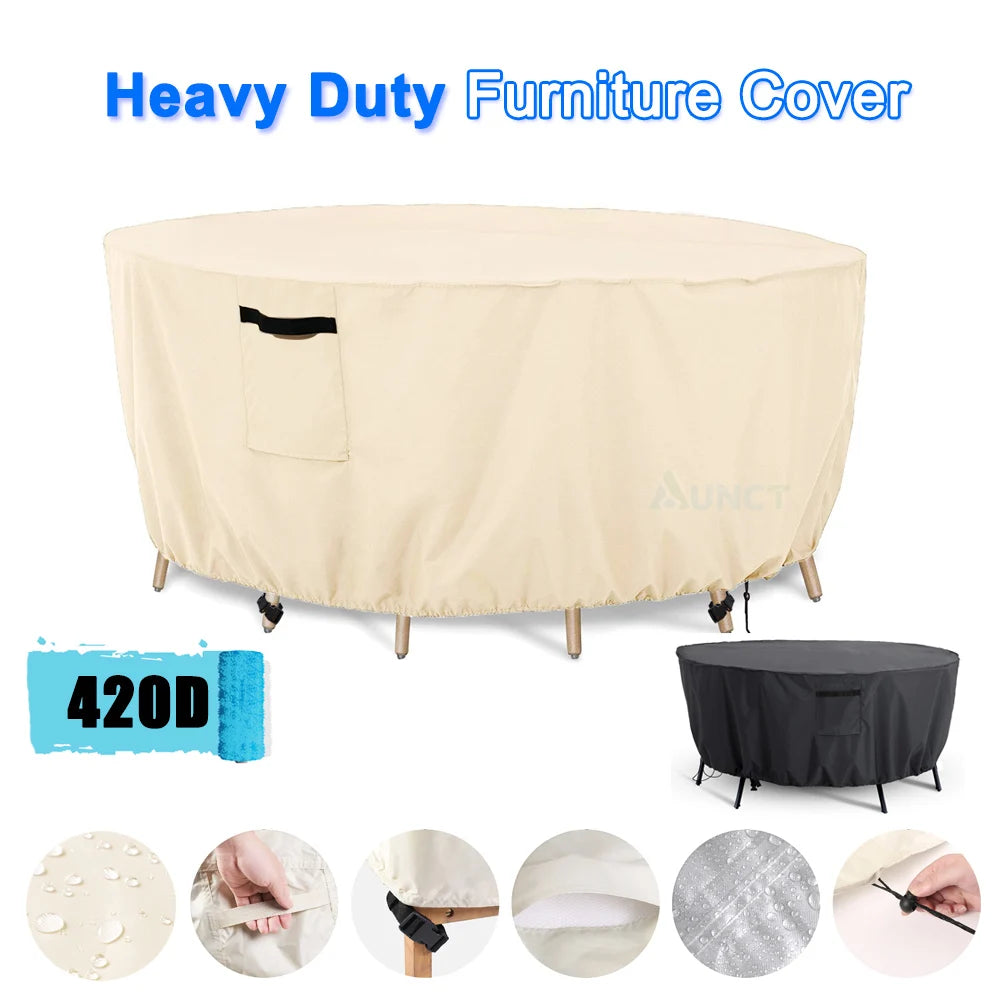 420D Waterproof Round Patio Furniture Cover Outdoor Garden Table Chair Rain Snow Dust Protector