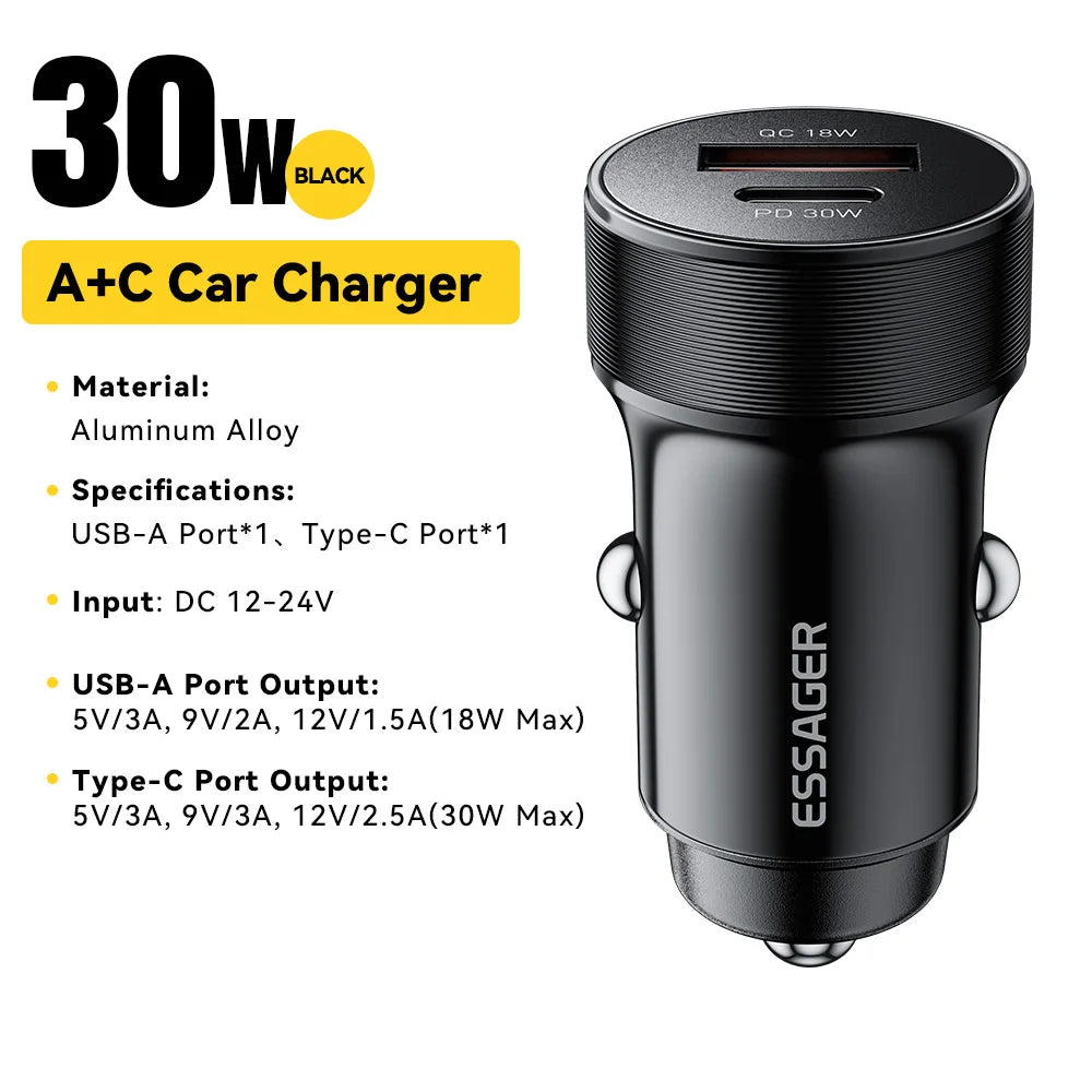 30W Mini USB C Car Charger PD 3.0 QC 3.0 Fast Charging Dual Port Compact Adapter