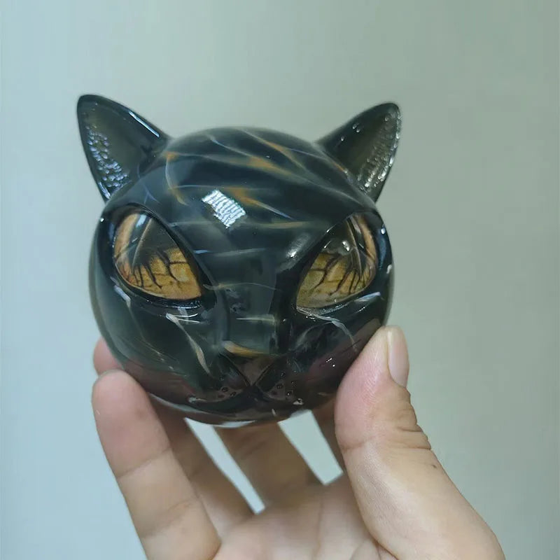 Black Cat Figurine Resin Cat Head Healing Stone Marble Texture Cat Stone Resin Cat Sculpture Ornament Cat Sculpture Craft