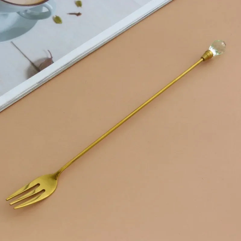 Stainless Steel Diamond Coffee Spoon and Fork Set Creative Crystal Long Handle, Perfect for Desserts, Ice Cream, Cake, and Fruit