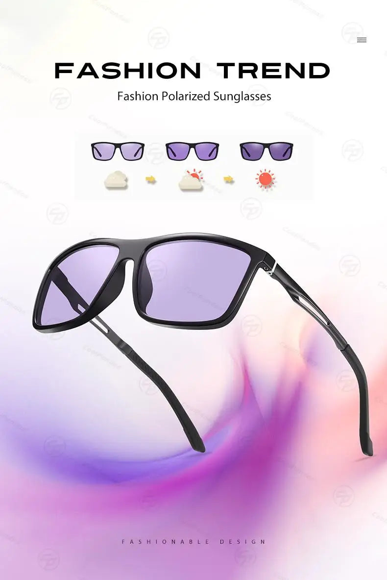 Square Retro Photochromic Polarized UV400 Purple Lens Sunglasses for Men Women