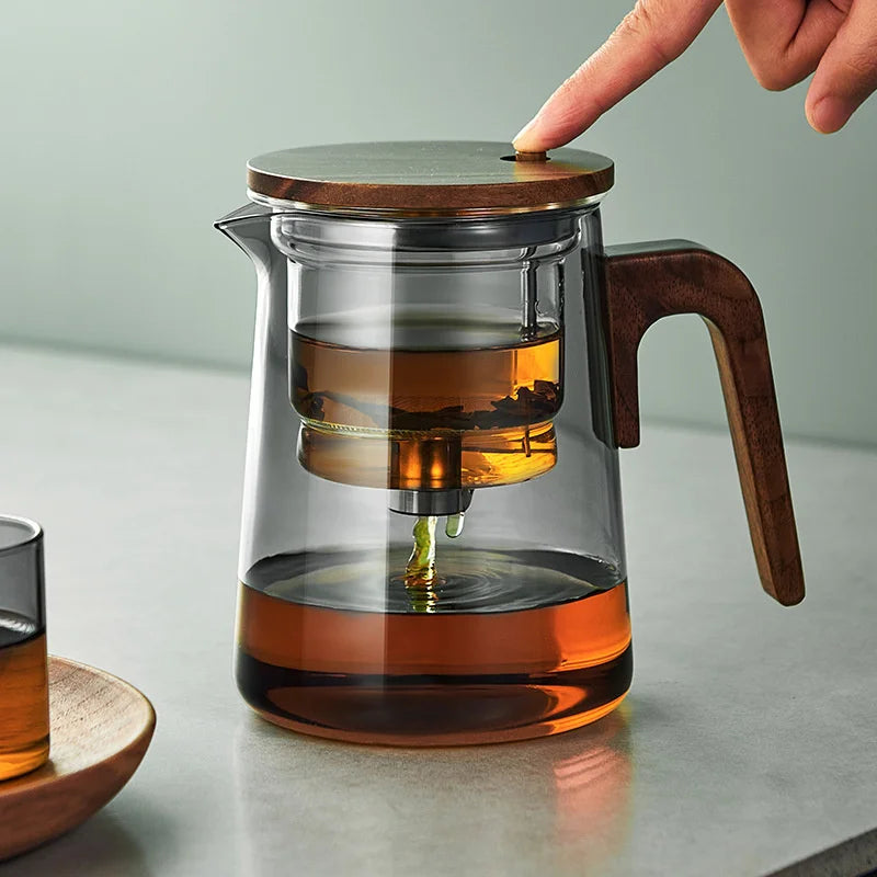 One Click Tea Separation Glass Teapot with Wood Handle