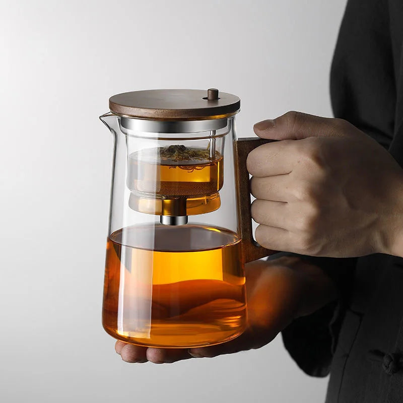 Water Separation Glass Teapot with One Click Tea Infuser and Wood Handle
