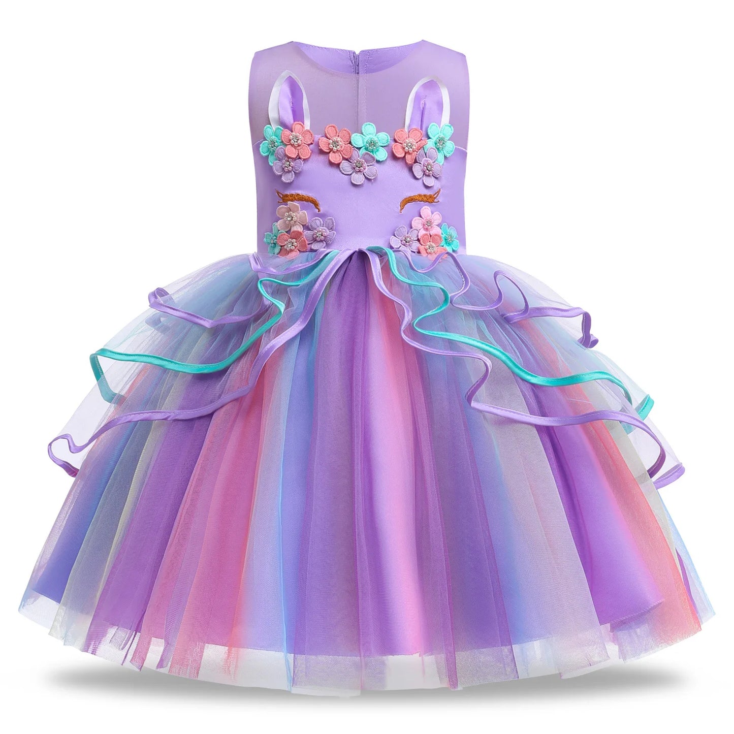 Rainbow Unicorn Princess Dress with Bow and Tulle Skirt Birthday Party Costume