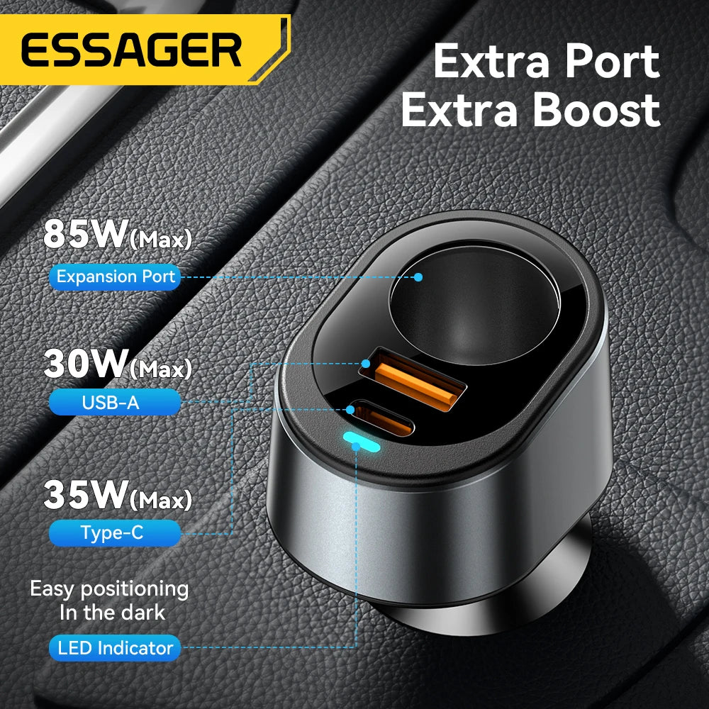 120W USB C Car Charger Adapter with 85W Cigarette Lighter Socket PD Fast Charging 3 Port