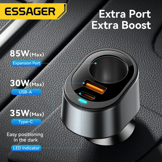120W USB C Car Charger Adapter with 85W Cigarette Lighter Socket PD Fast Charging 3 Port