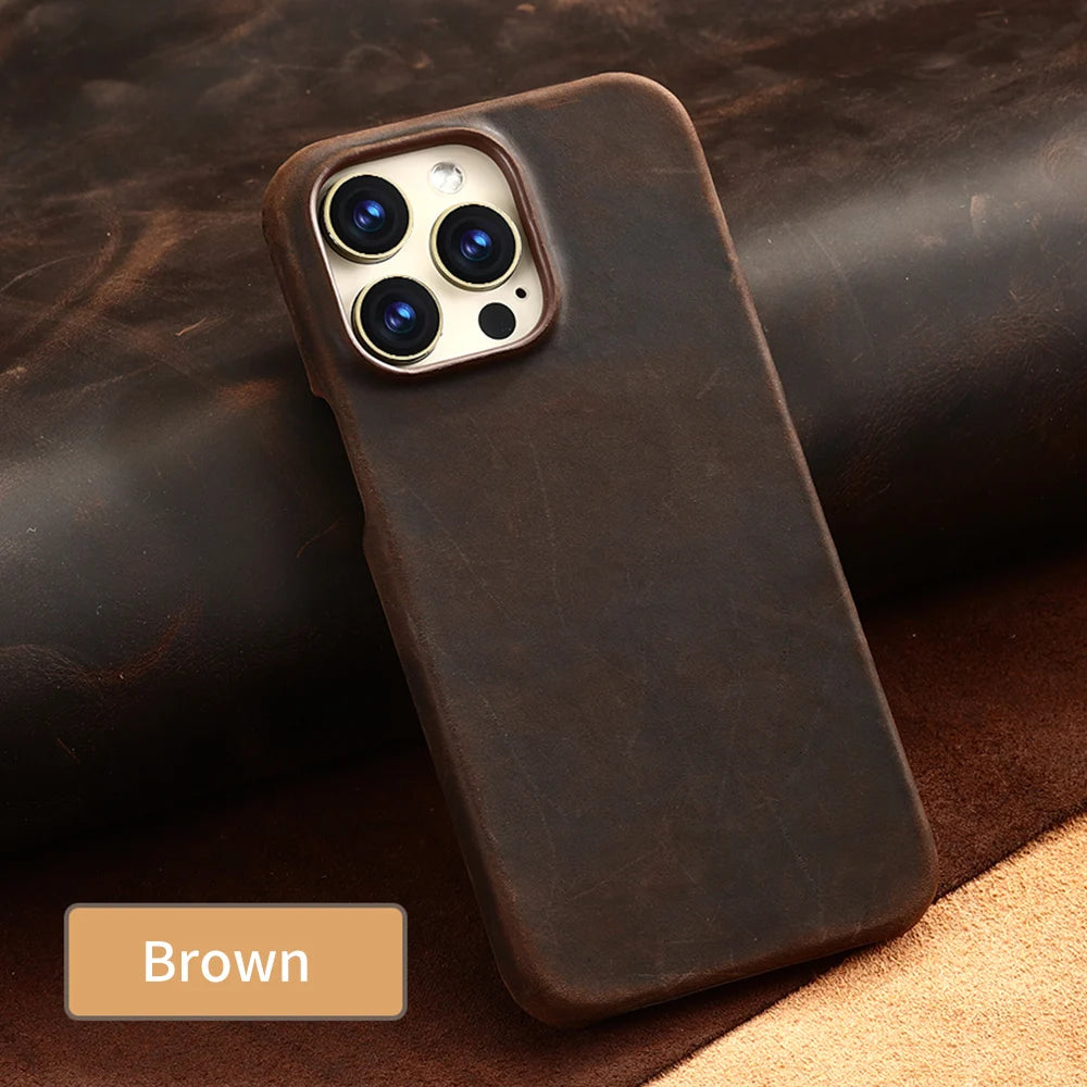 Retro Cowhide Phone Case for iPhone 16 15 14 Pro Max 16Pro 14Pro 15Pro Luxury Crazy Horse Genuine PULL-UP Leather Back Cover