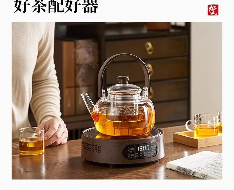 Heat Resistant Glass Tea Kettle with Filter Bamboo Handle Flower Tea Pot 1L