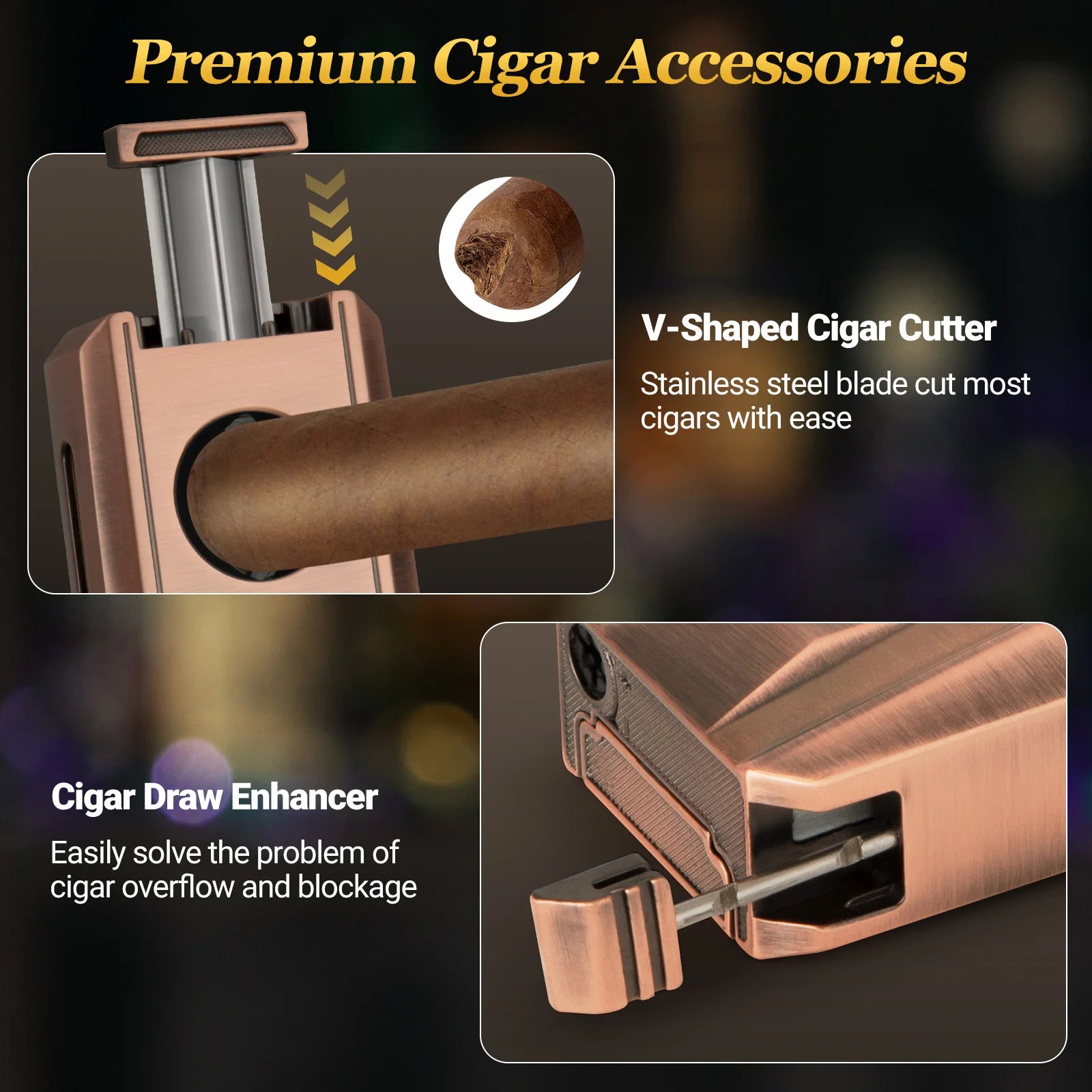 Cigar Lighter with Double Jet Flame, Refillable Cigar Torch Lighter with Cigar Holder, V-Cigar Cutter, Cigar Draw Enhancer