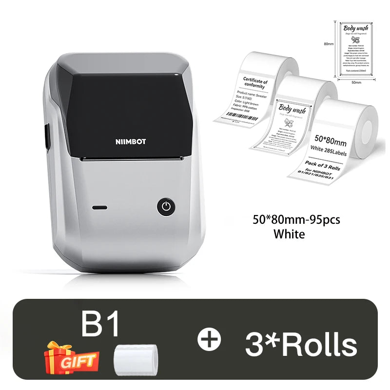 B1 Thermal Label Printer, Bluetooth Wireless Sticker Maker 20–50mm, Portable Inkless Barcode & QR Code Label Printer