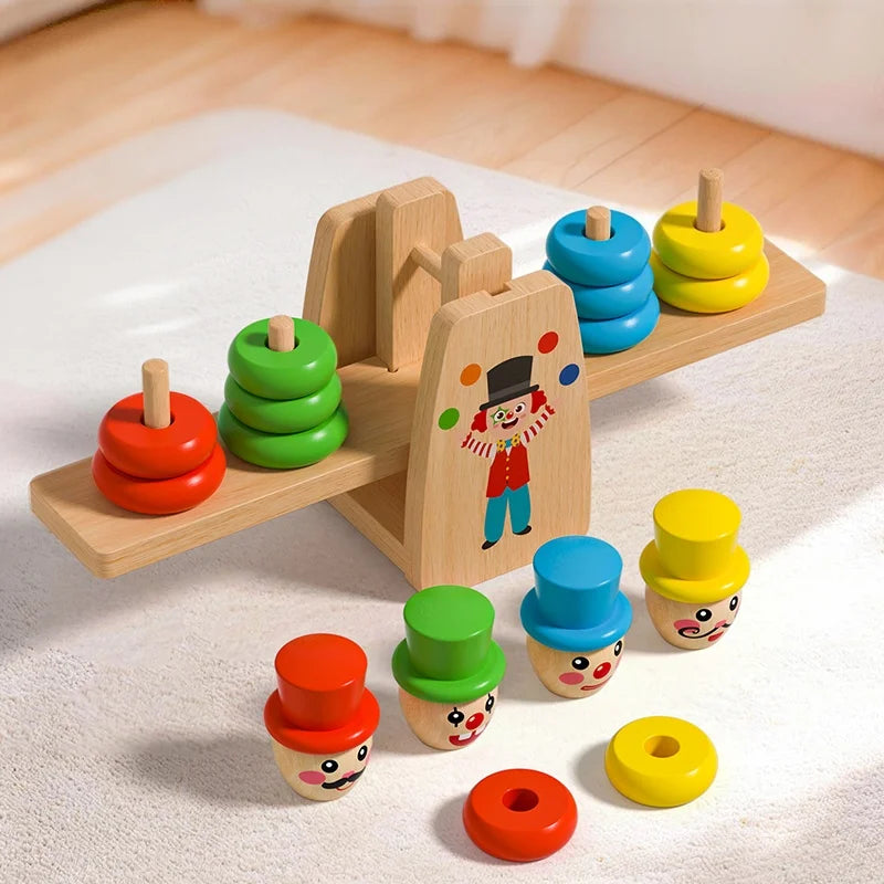 Wooden Clown Balance Scale and Stacking Rings Educational Toy