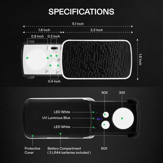 30X 60X 90X LED UV Jewelry Loupe Slide-Out Pocket Magnifier