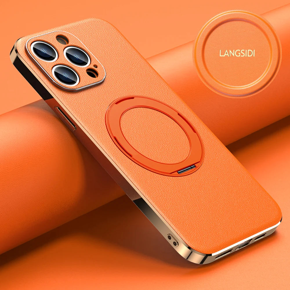 Leather for Magsafe Case for iPhone 16 15 14 Pro Max 16Pro Ring Luxury Lens Protection Holder Phone Back Cover