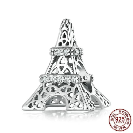 Real 925 Sterling Silver Eiffel Tower Charms Zircon Hollow Beads