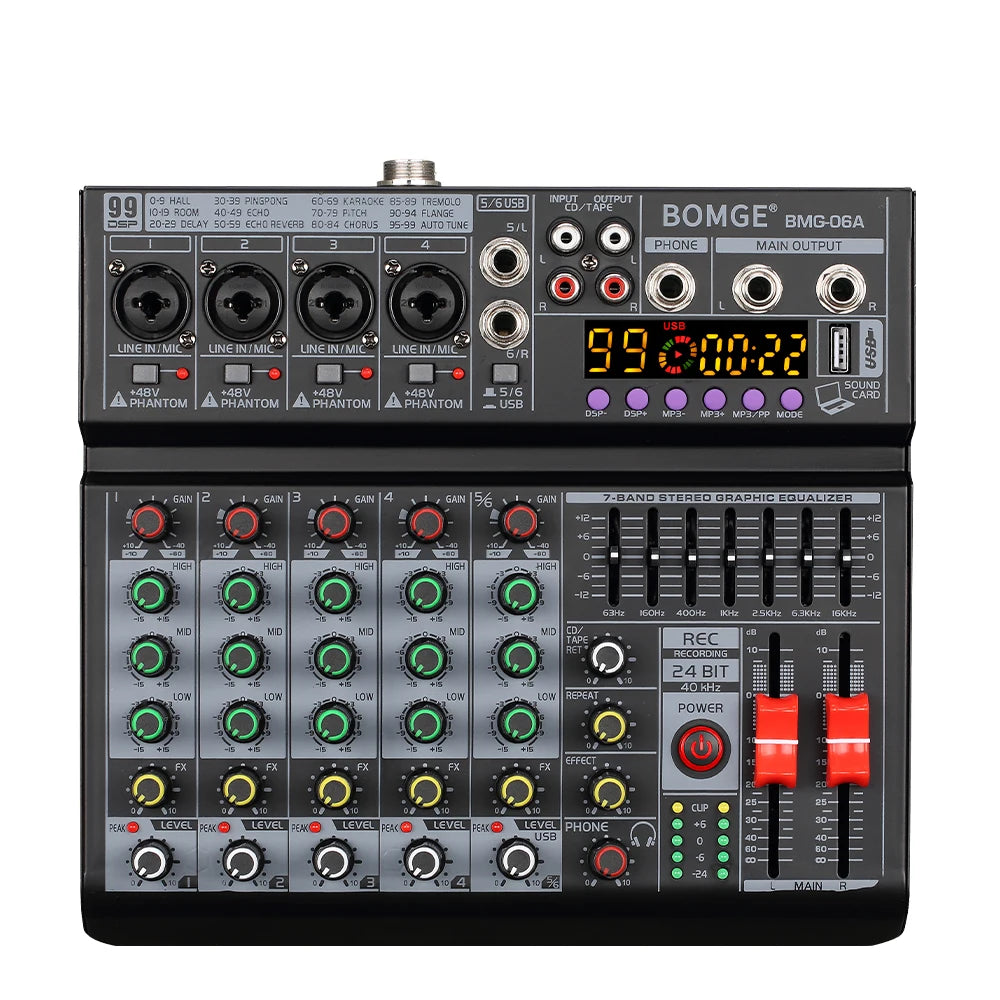 6 Channel Audio Mixing Console with 99 Effects 7 Band EQ USB Recording and Bluetooth