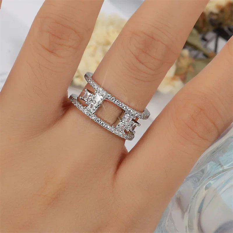 Geometric Double Layer Open Rings for Women Korean Fashion Delicate Inlaid Cubic Zircon Ring