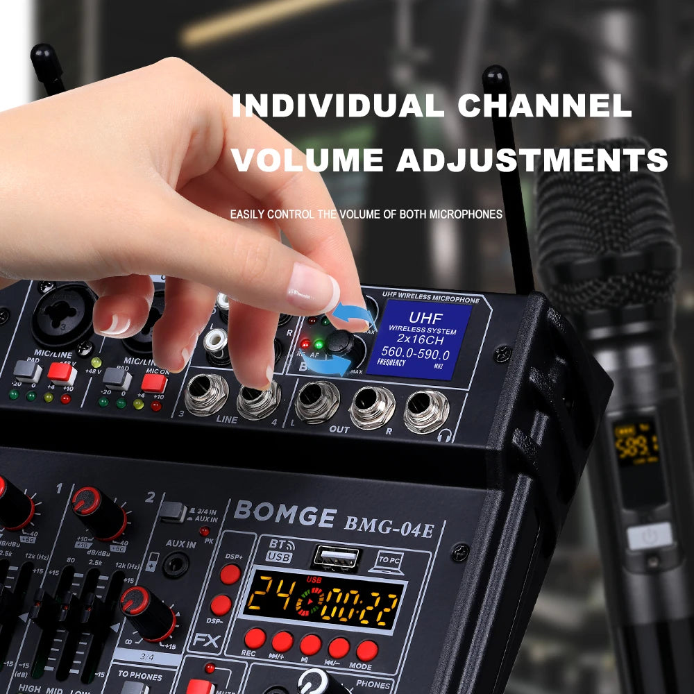 4 Channel Karaoke Audio Mixer with Dual UHF Wireless Microphones and Bluetooth