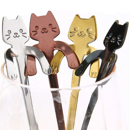 Cartoon Cat Coffee Spoon Stainless Steel Teaspoons Dessert Ice Cream Spoons Mini Cute Cat Shape Scoops Flatware Kitchen Gadgets